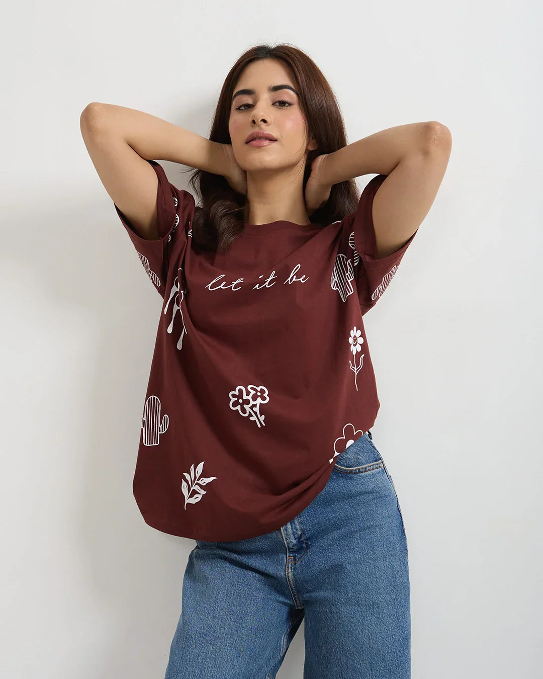 Let It Be Oversized T-Shirt - burgundy oversized tee with white floral graphics and let it be print, worn by model