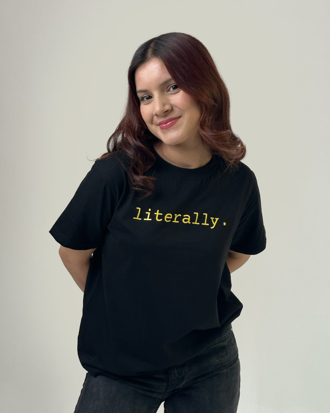 Literally T-Shirt - black DKY regular tee with a yellow literally graphic, worn by model.
