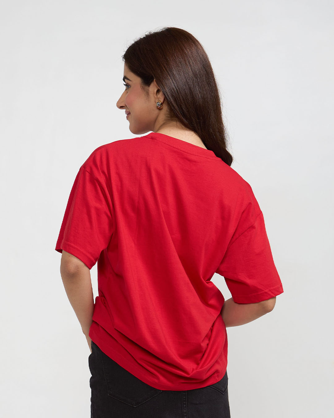 Little Happy Little Hungry Oversized T-Shirt - red, loose-fit tee worn by model