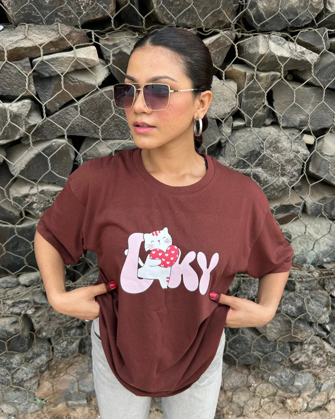 Lovey Printed Oversized Brown T-shirt for Women in India Online | Dky