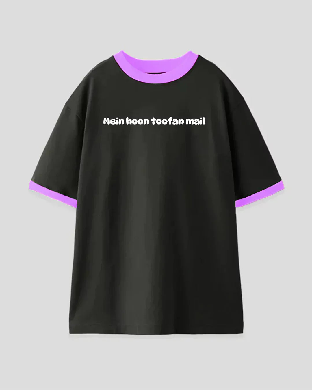 Mein Hoon Toofan Mail Tap Out T-Shirt – black regular tee with purple collar and cuffs, white front text