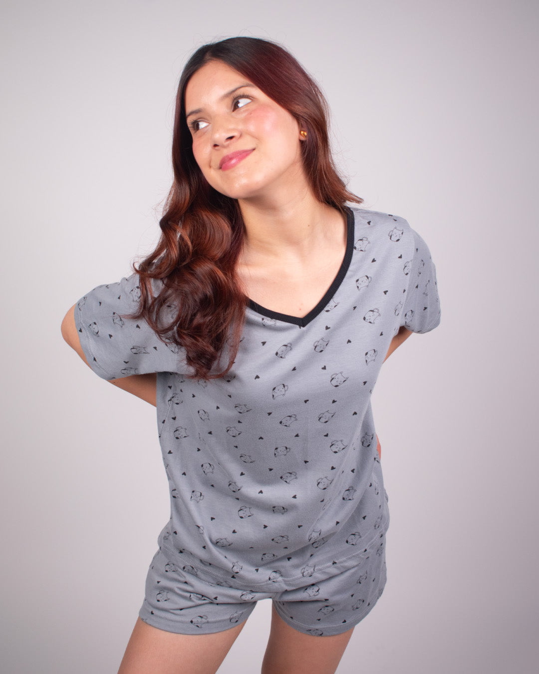Meow Mode Cotton Shorts Set ā light gray relaxed-fit shorts set with small cat prints, worn by model