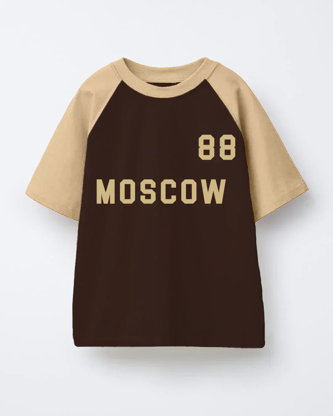 DKY Moscow Raglan Oversized T-Shirt - chocolate brown body with tan sleeves, MOSCOW 88 printed on front