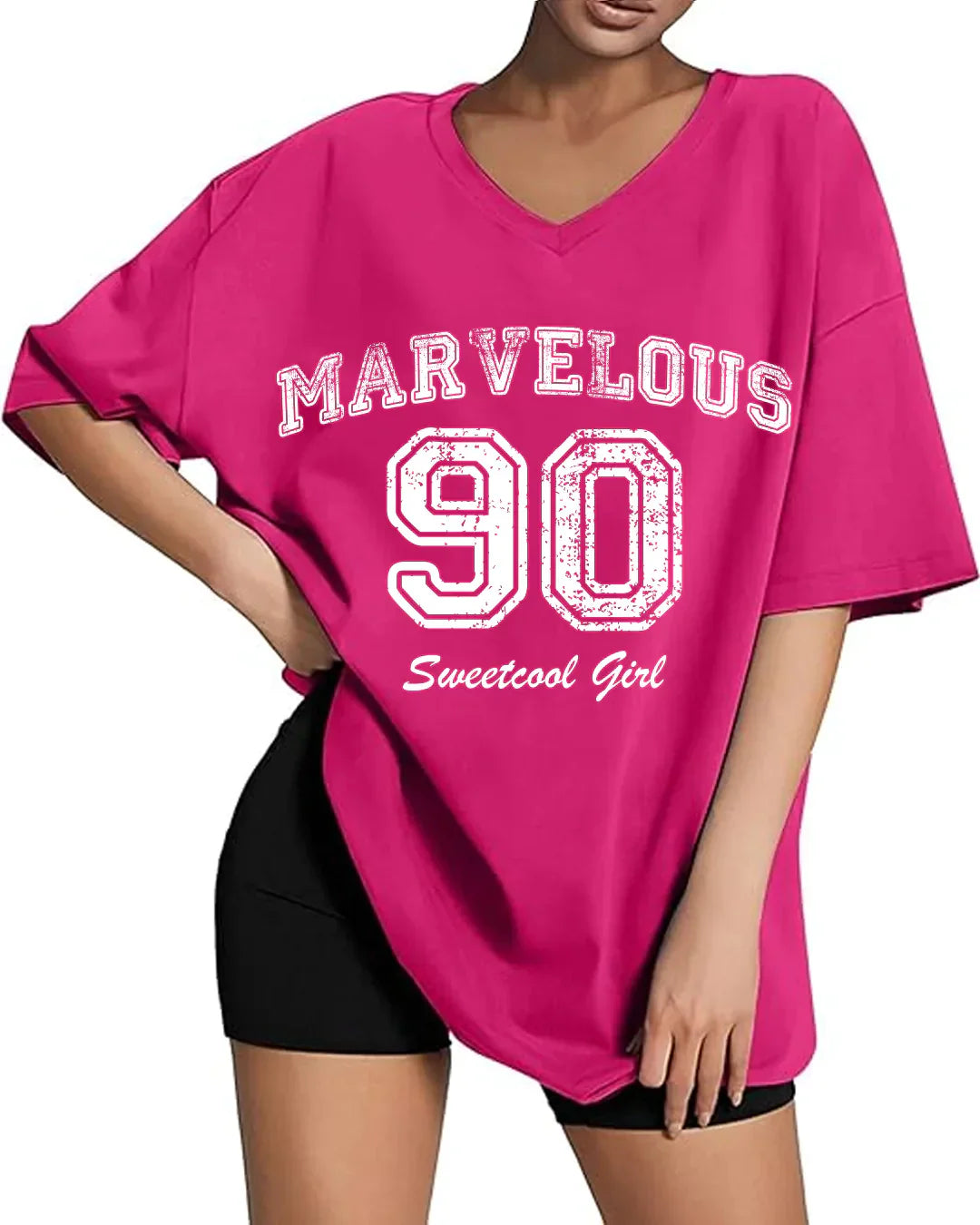 Marvelous Hot Pink V-Neck Oversized T-Shirt