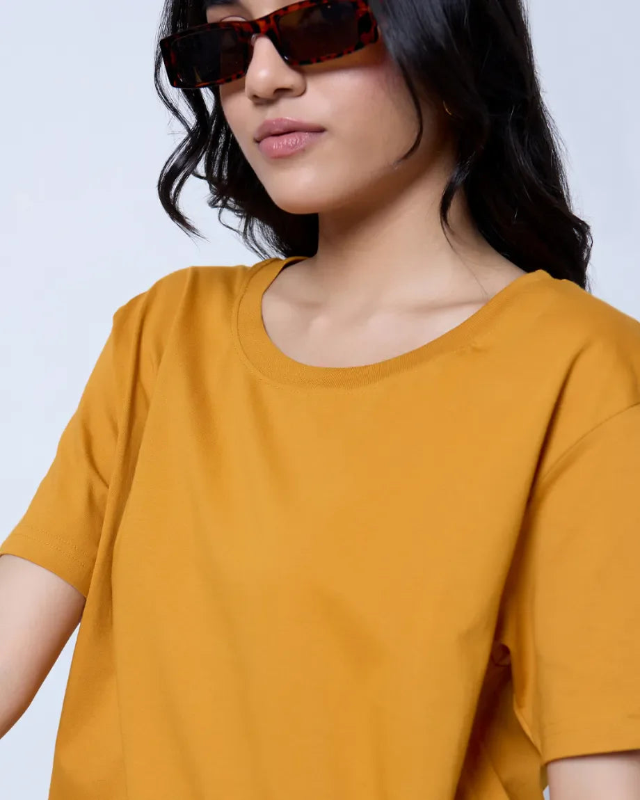 Mustard Plain Boxy Oversize T-Shirt – mustard color, boxy oversized fit, plain design, worn by model