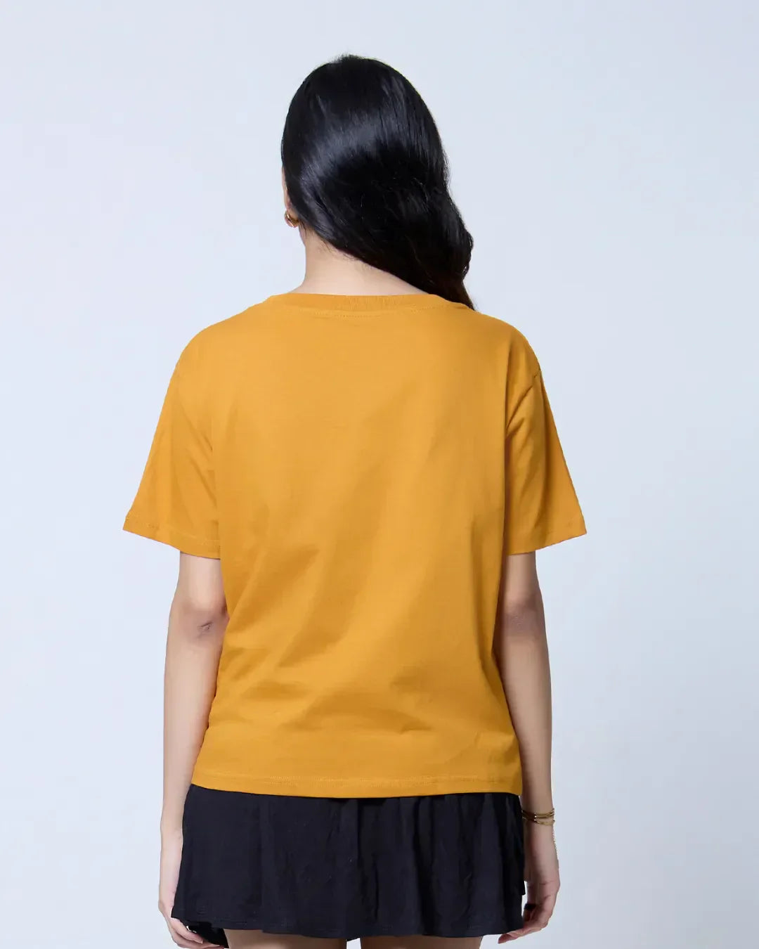 Mustard plain boxy oversize t-shirt, relaxed fit, back view on model