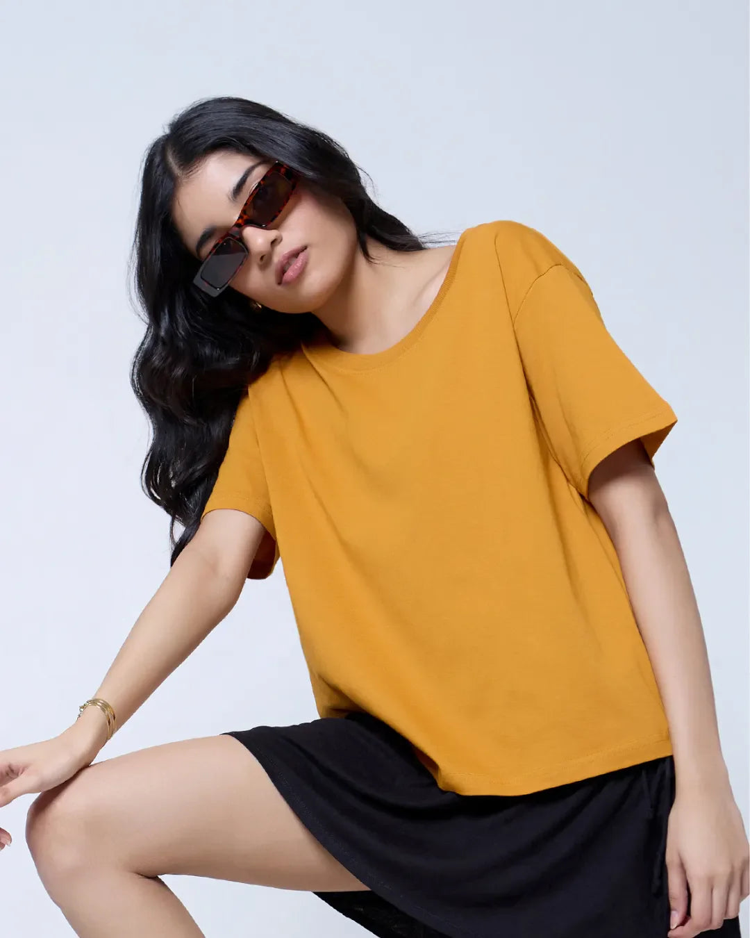 Mustard Plain Boxy Oversize T-Shirt – mustard color, boxy oversized fit, short-sleeve plain tee worn by model