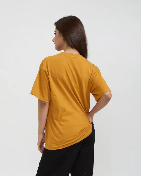 RB Mustard Plain Oversized T-Shirt; 100% pure fabric, back view on model.