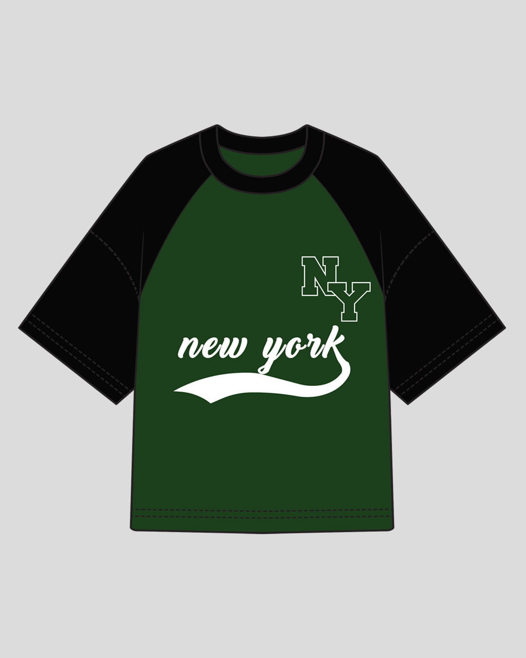 New York Raglan Oversized T-Shirt - green body with black sleeves, white NY letters and new york script on front, flat lay