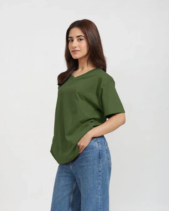 Olive Green Plain V-Neck Oversize T-Shirt – olive-green, oversized V-neck tee worn by model