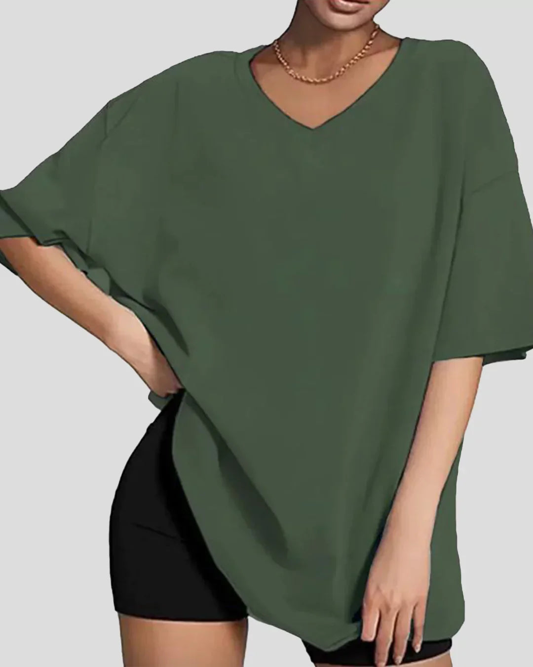 Olive Green Plain V-Neck Oversize T-Shirt