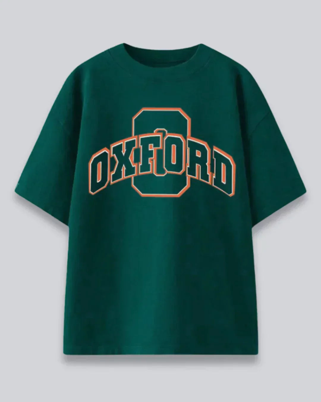 Arlo Oxford Oversized T-Shirt โ green graphic tee with orange-outlined Oxford logo