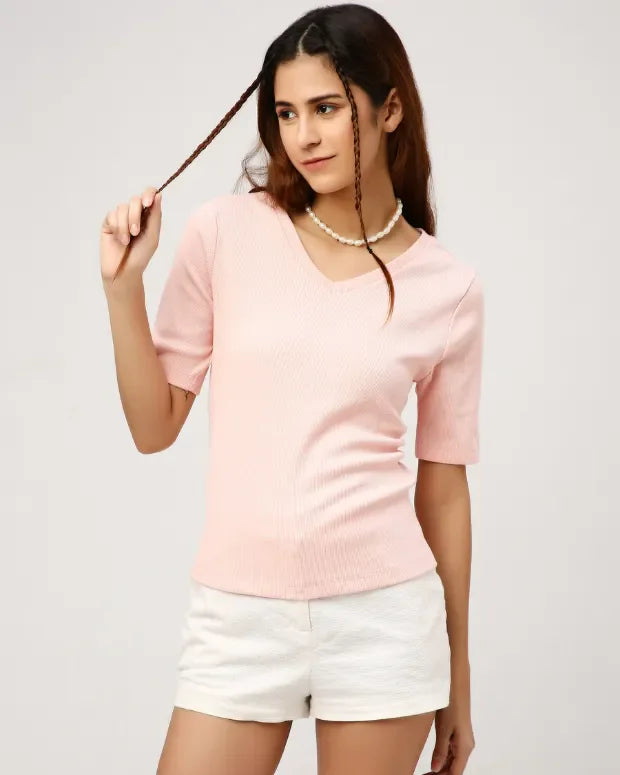 Peach V-Neck Ribbed Top - Shop Printed T shirt for Women Online In India | LoveDky