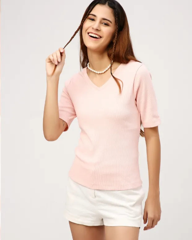 Peach V-Neck Ribbed Top - Shop Printed T shirt for Women Online In India | LoveDky