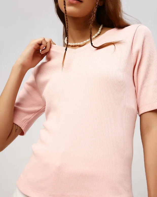 Peach V-Neck Ribbed Top for Women Online In India | DKY