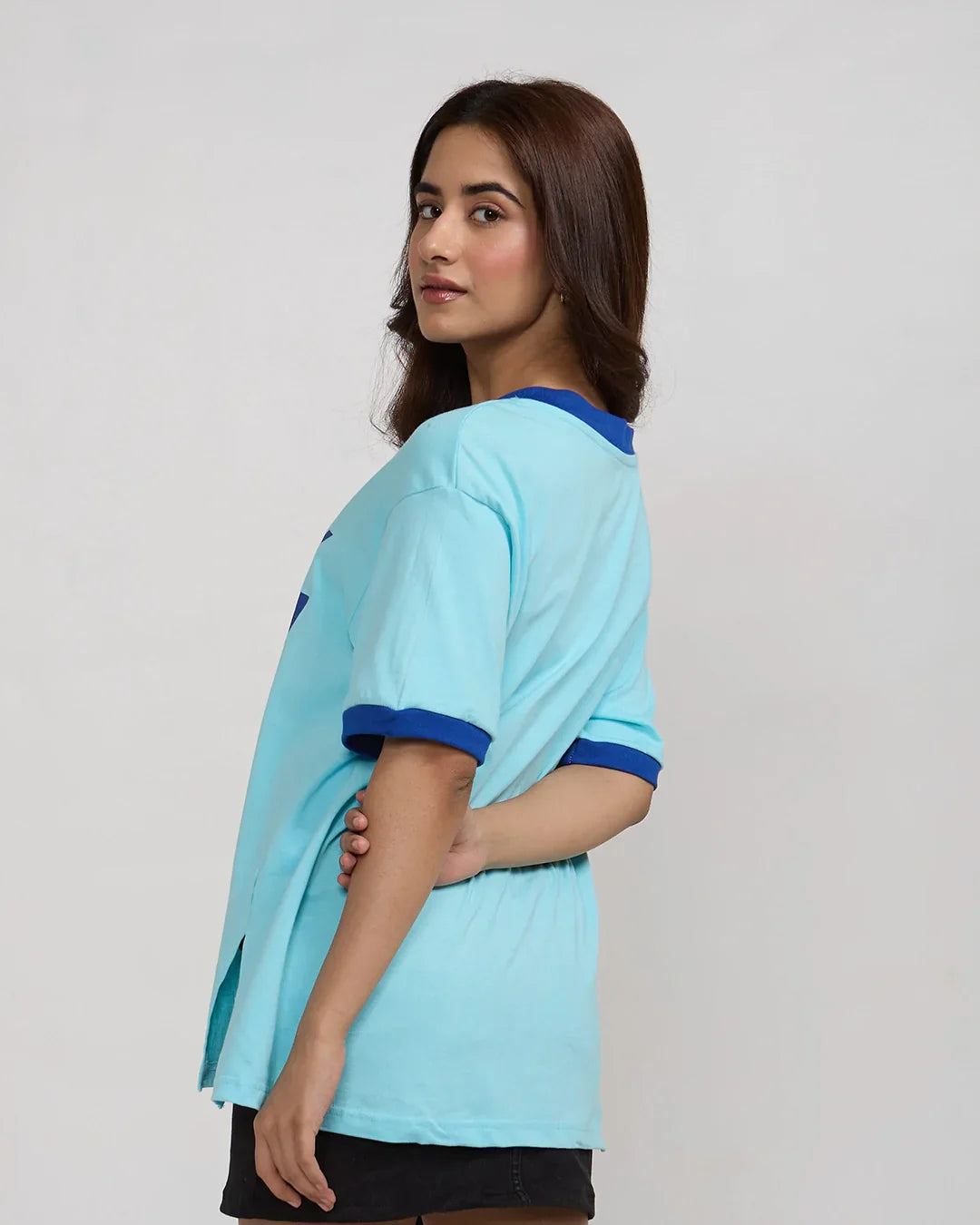Phoenix Tap-Out V-Neck Oversize T-Shirt - light blue tee with dark blue trim at collar and sleeves, worn by model