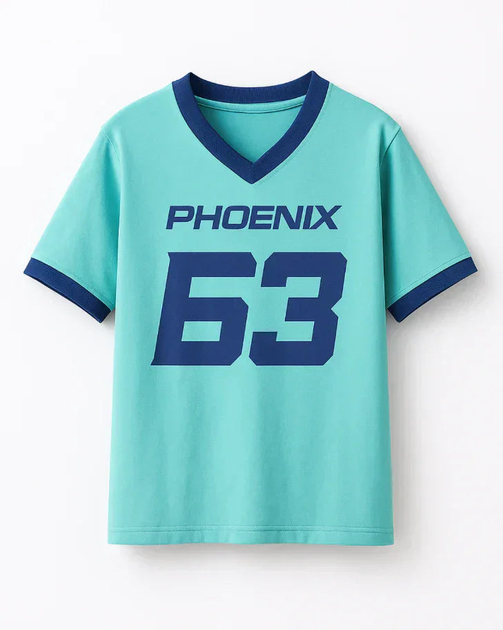 Phoenix Tap-Out V-Neck Oversize T-Shirt ā turquoise tee with navy V-neck trim and bold PHOENIX 63 graphic