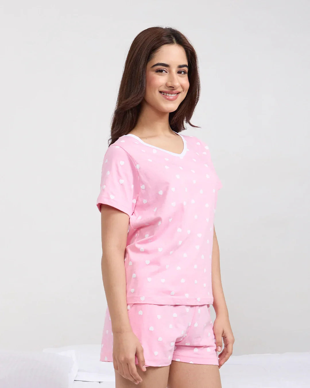 Pink Crush Cotton Shorts Set by DKY – pink loungewear with white heart print, relaxed fit, worn by model