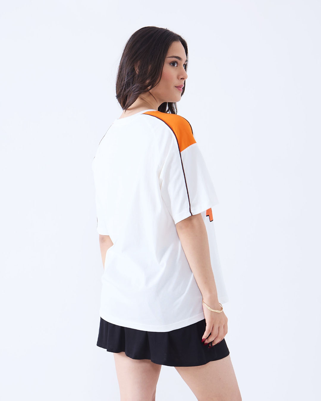Pray Downtown Oversize T-Shirt - white oversized raglan tee with orange shoulder panels and black piping, worn by model