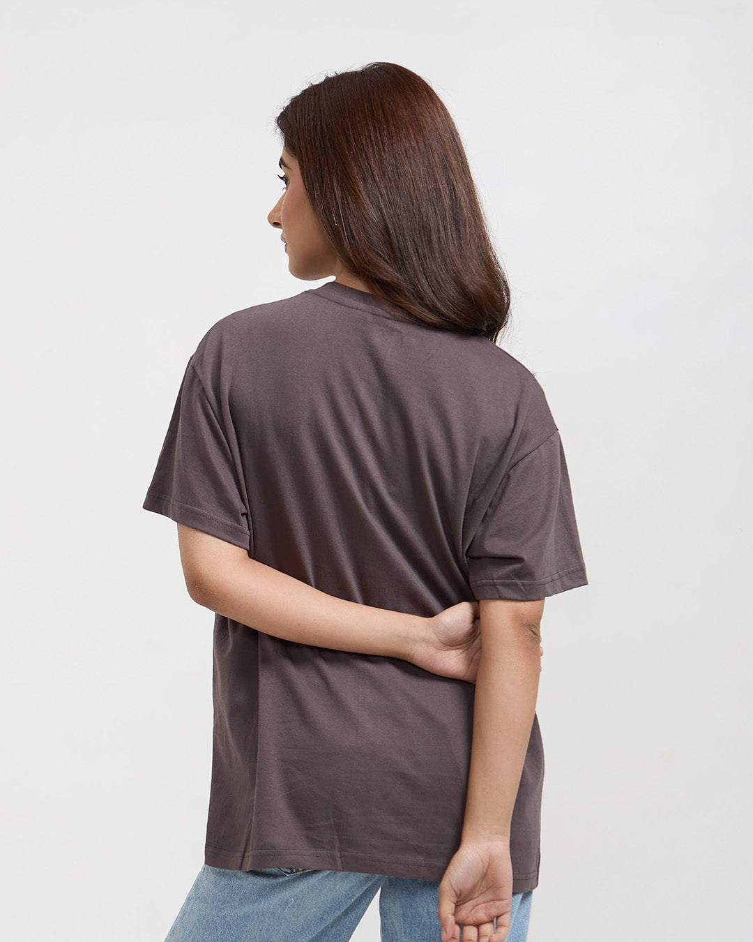Pray Oversized T-shirt – taupe color, oversized fit, worn by model