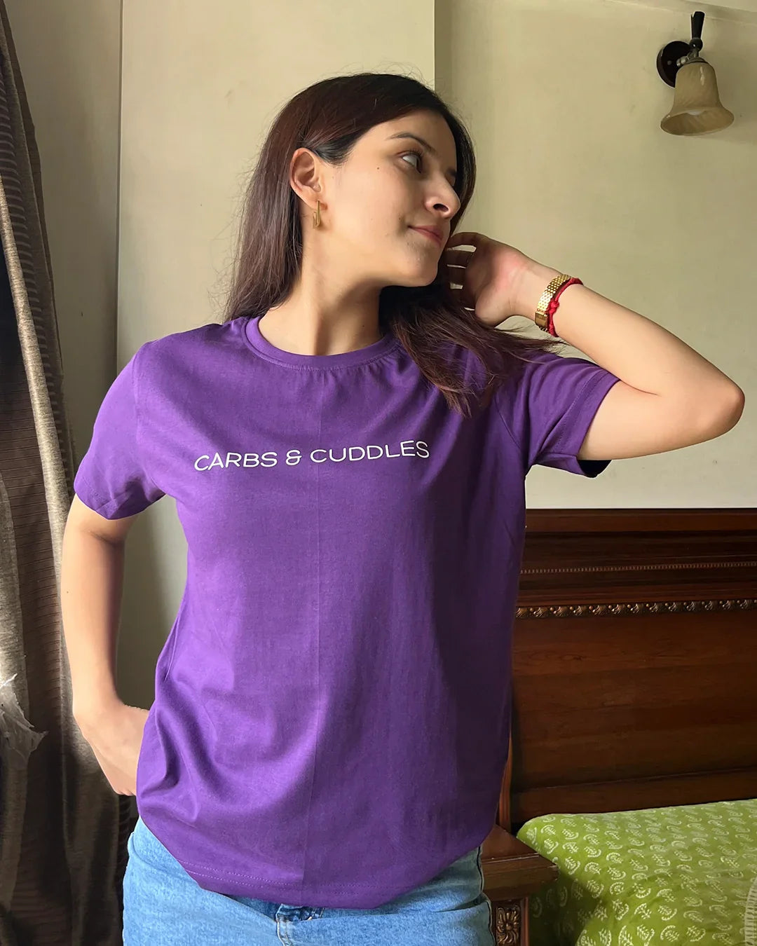 Purple Carbs & Cuddles T-Shirt - Shop Printed T shirt for Women Online In India | LoveDky