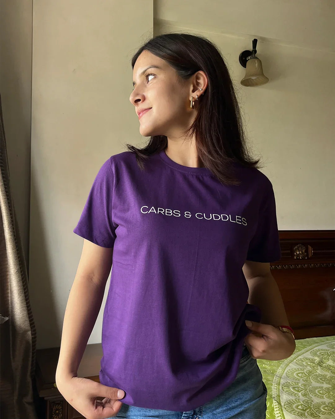 Purple Carbs & Cuddles T-Shirt - Shop Printed T shirt for Women Online In India | LoveDky