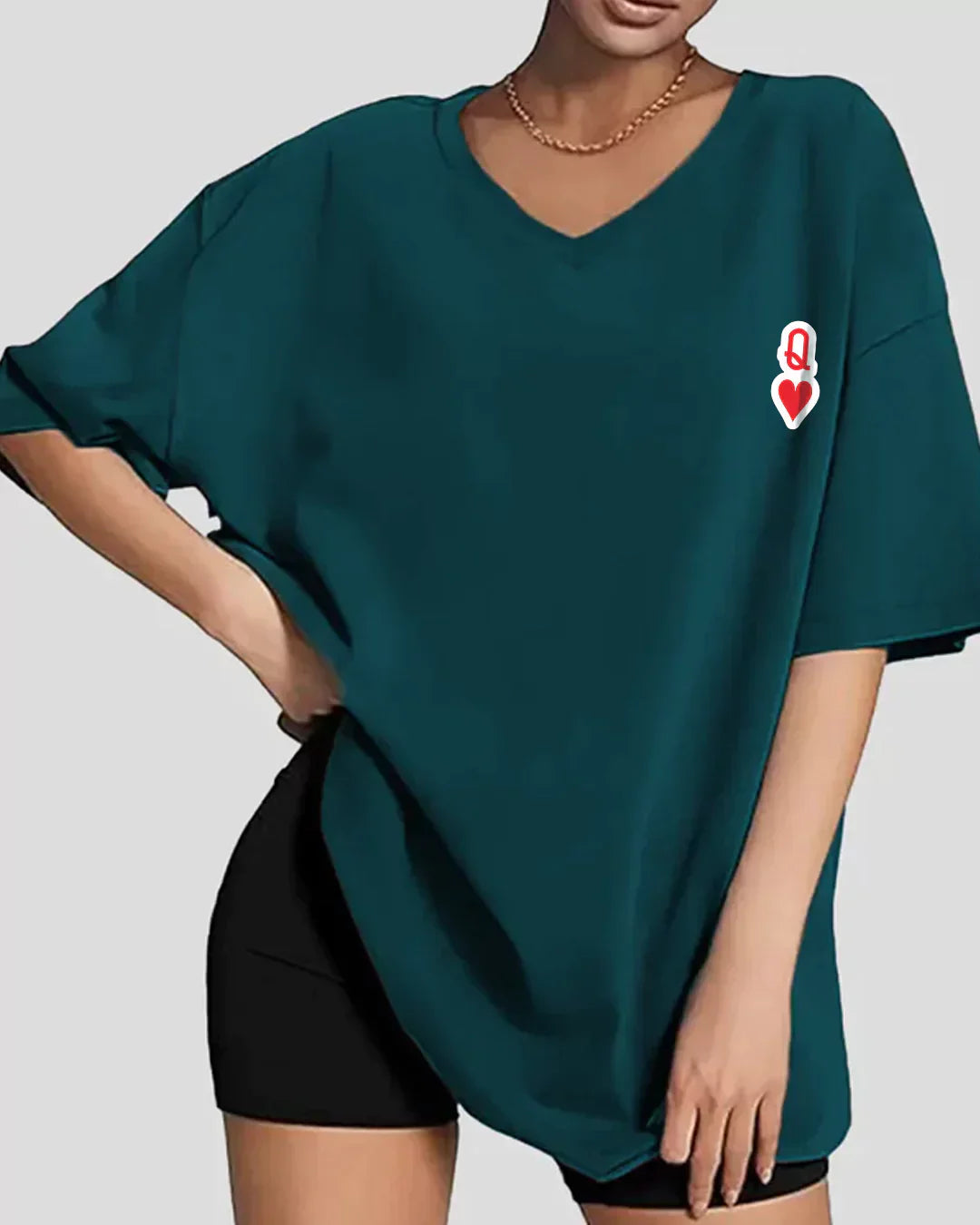 Q Heart Petrol Blue V-Neck Oversize T-Shirt