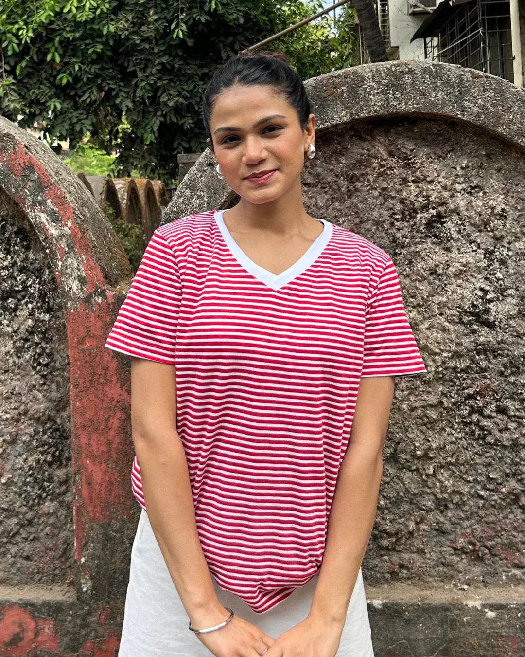 R&W Stripe V-Neck T-Shirt – red and white stripes, relaxed-fit V-neck tee worn by model