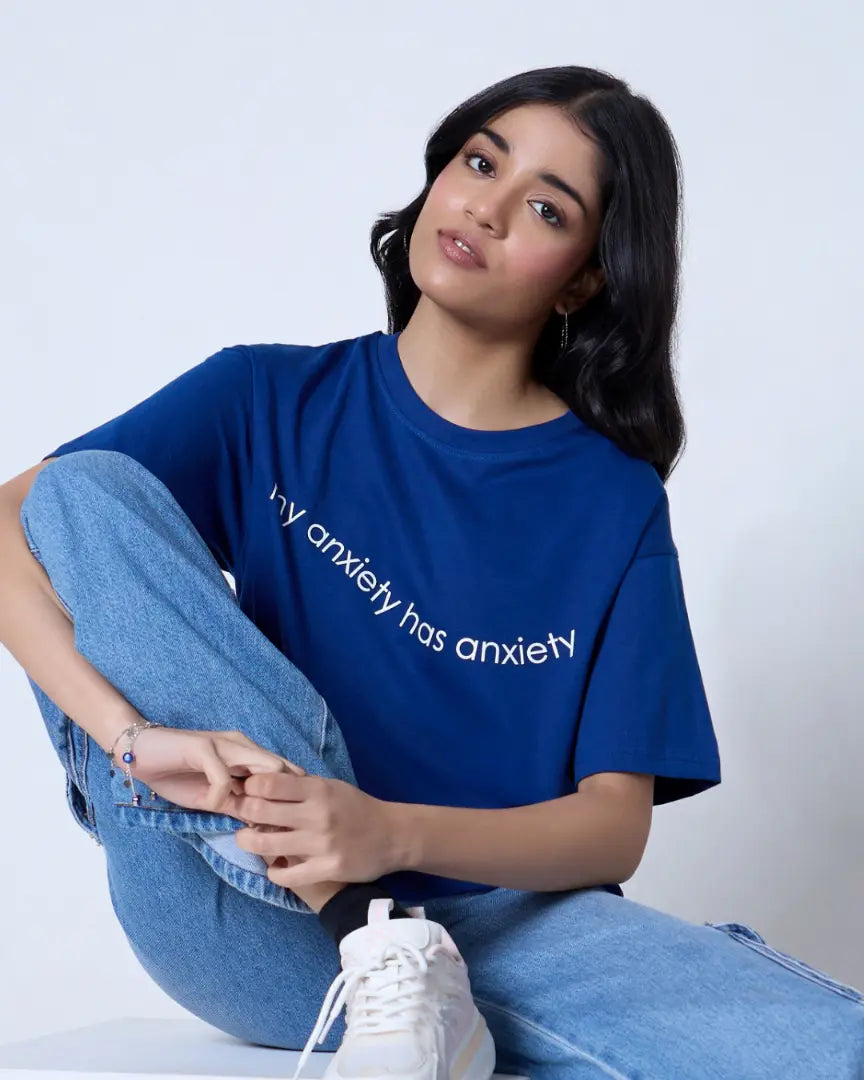 RB Anxiety Oversized T-Shirt – blue, oversized fit with white text on chest, worn by model