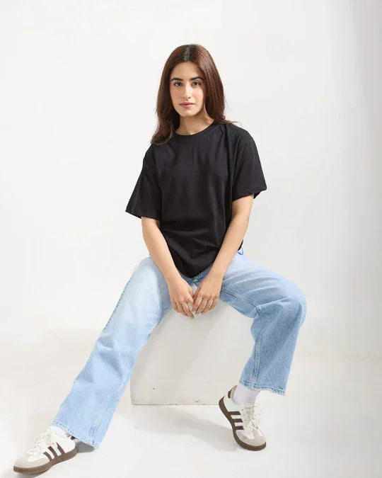 RB Black Plain Oversized T-Shirt - black oversized basic tee worn by model in light blue jeans, Real Baysics