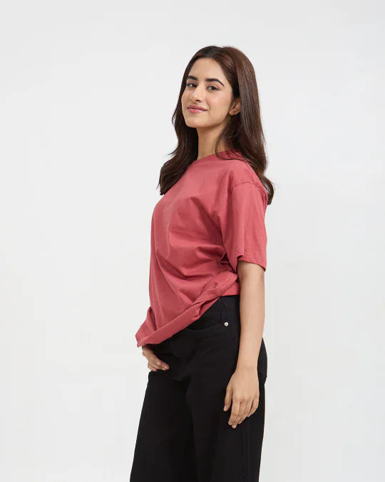 RB Brick Plain Oversized T-Shirt ā brick red, oversized basic tee by Real Baysics worn by model