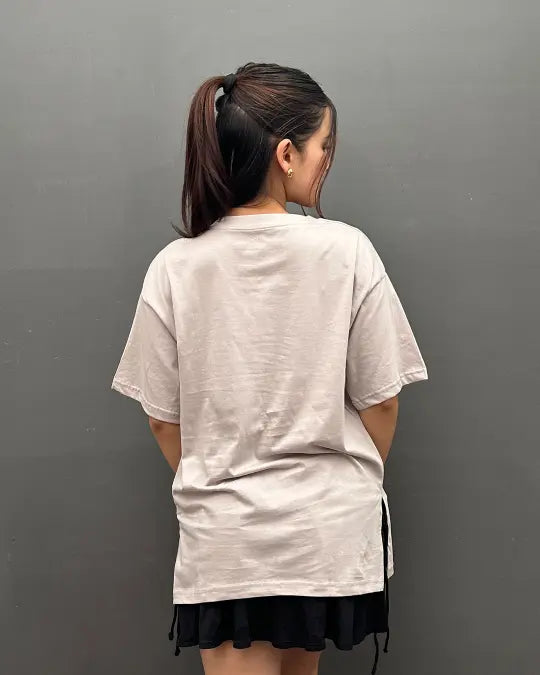 RB Cream Plain V-Neck OS Tee by Real Baysics, oversized light cream shirt, 100% pure fabric, back view.