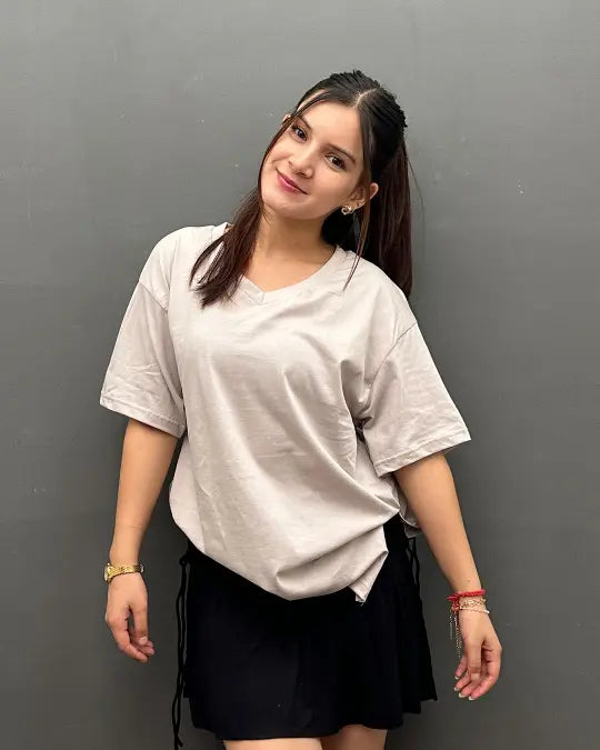 RB Cream Plain V-Neck Oversize T-Shirt for Women Online In India | DKY