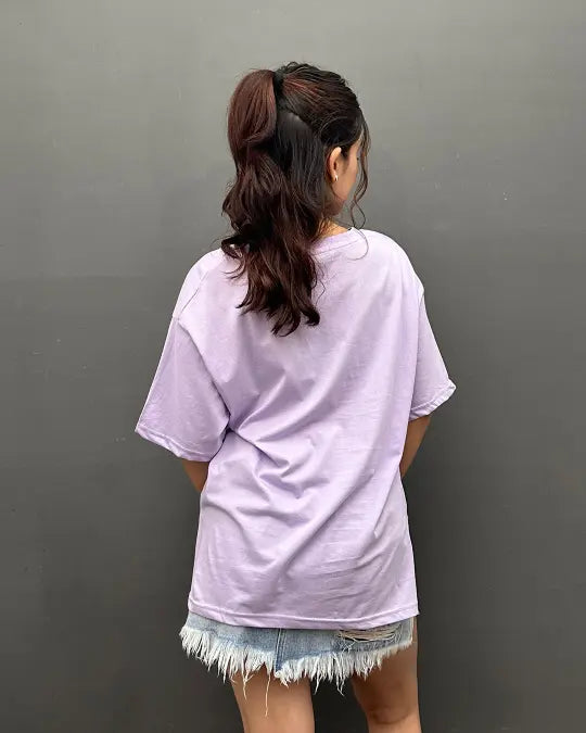 RB Lavender Plain OS Tee by Real Baysics; lavender oversized short-sleeve shirt, 100% pure fabric with denim shorts.