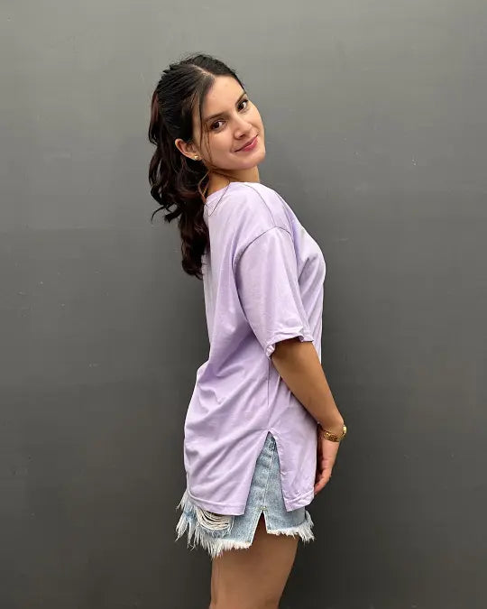 RB Lavender Plain V-Neck Oversize T-Shirt, 100% pure fabric