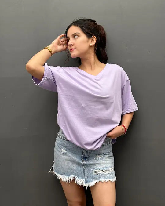 RB Lavender Plain V-Neck Oversize T-Shirt, lavender color, 100% pure fabric, oversize fit