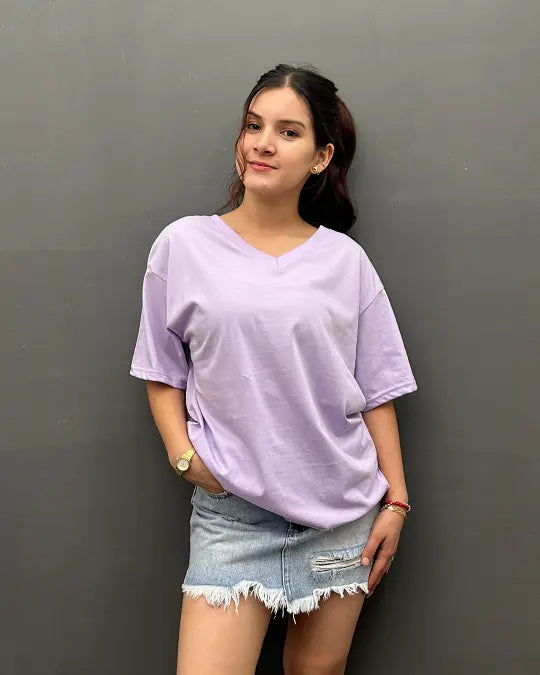 RB Lavender Plain V-Neck Oversize T-Shirt for Women Online In India | DKY