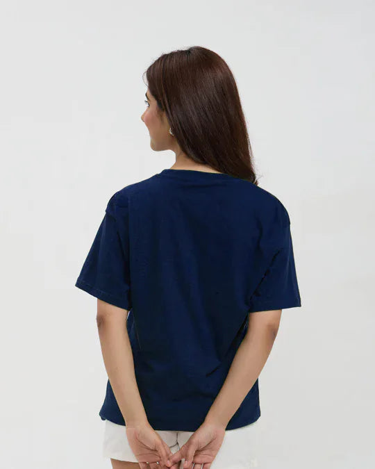 RB Navy Blue Plain Oversized T-Shirt ā navy blue, oversized fit, plain tee worn by model (back view)