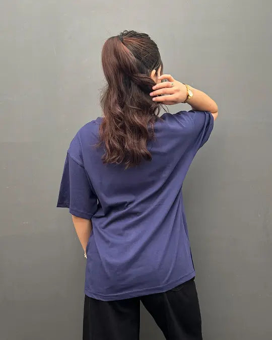 RB Navy Blue Plain V-Neck Oversize T-Shirt by Real Baysics, back view, 100% cotton