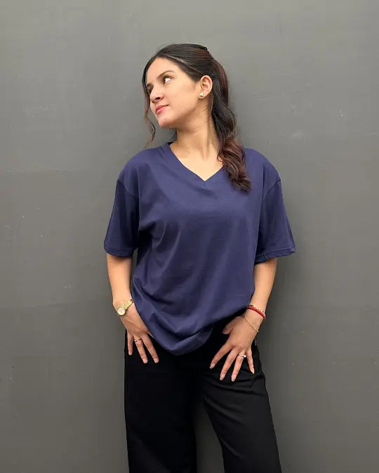 RB Navy Blue Plain V-Neck Oversize Tee; 100% pure fabric, short-sleeve Real Baysics shirt