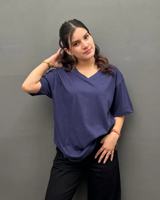 RB Navy Blue Plain V-Neck Oversize T-Shirt from Real Baysics, one-size, short sleeves