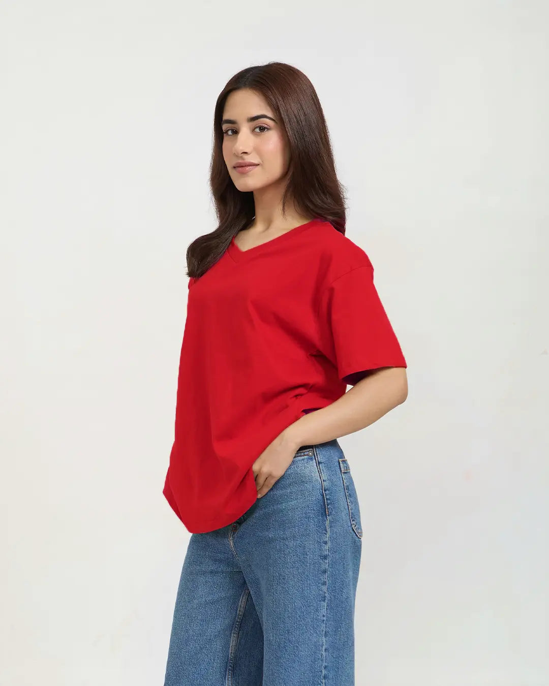 RB Red Plain V-Neck Oversize T-Shirt by Real Baysics; 100% pure fabric.