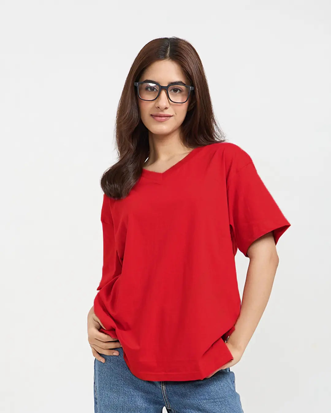 RB Red Plain V-Neck Oversize T-Shirt for Women Online In India | DKY