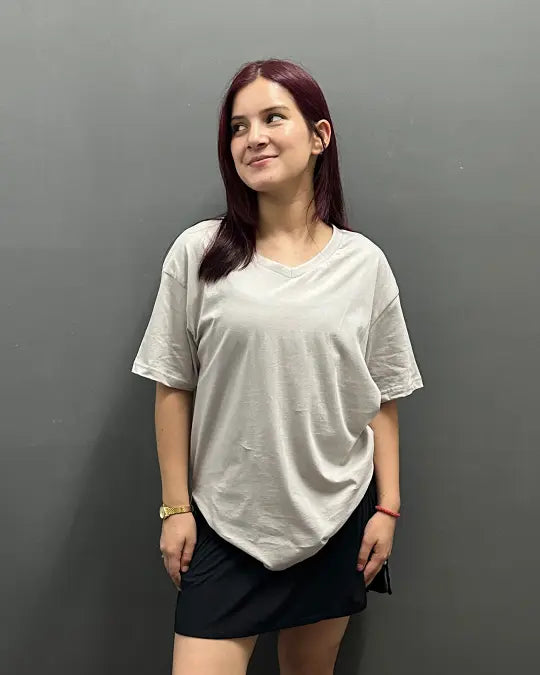 RB Stone Grey Plain OS Tee by Real Baysics; oversized V-neck shirt in 100% pure fabric