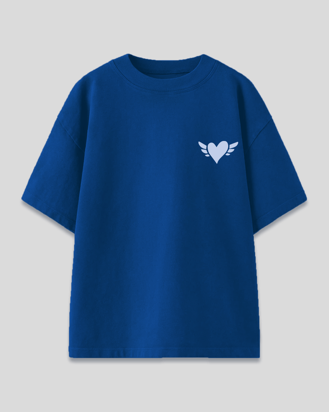RB Turn Off My Feelings Oversized T-Shirt – royal blue oversized tee with a white heart and wings graphic, shown in flat lay