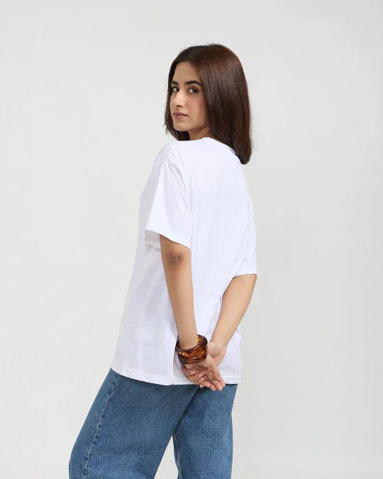 RB White Plain Oversized T-Shirt ā white, oversized relaxed fit worn by model