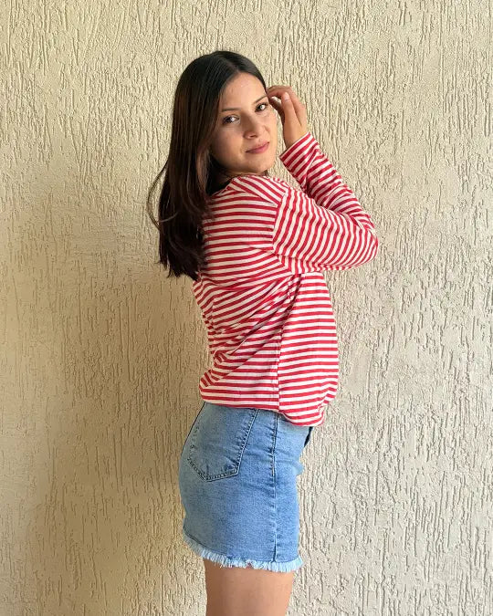 Red Stripey Scoop Neck T-Shirt ā red and white striped shirt with a scoop neck, worn by model.