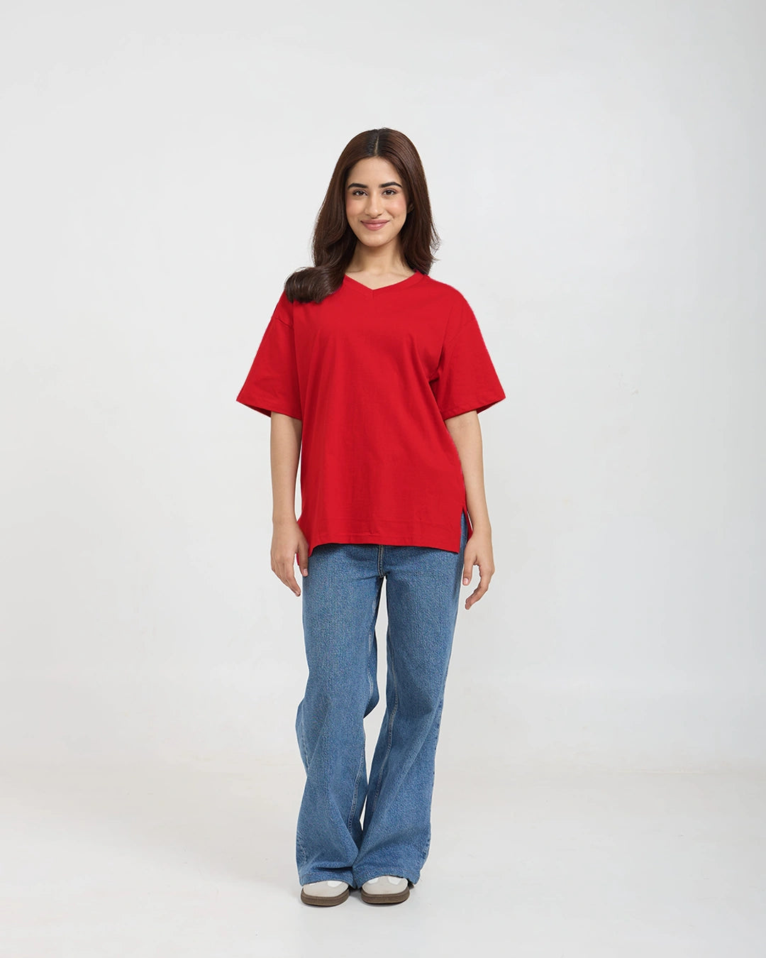 RB Red Plain V-Neck Oversize T-Shirt