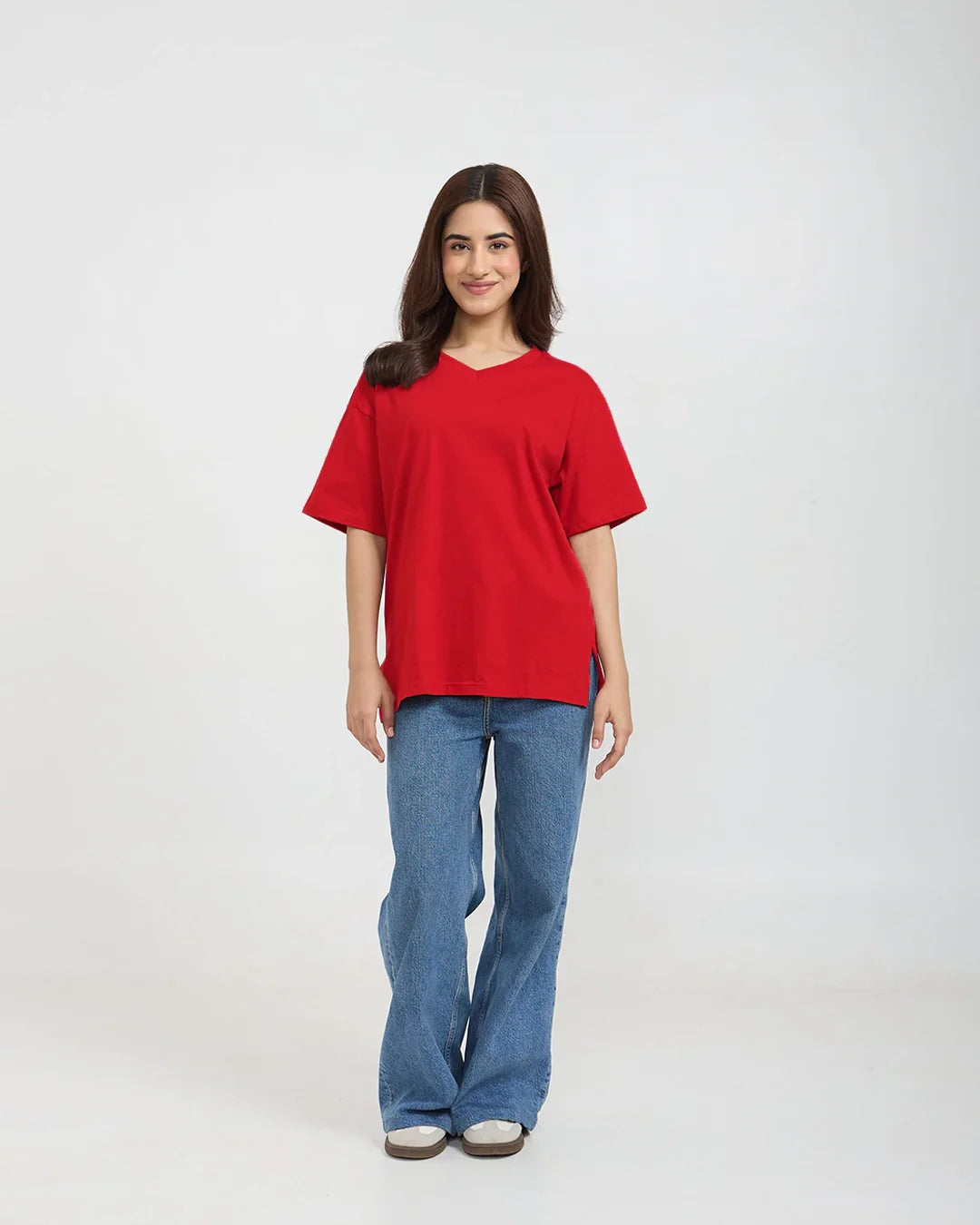 RB Red plain V-neck oversized T-shirt on model; 100% pure fabric.