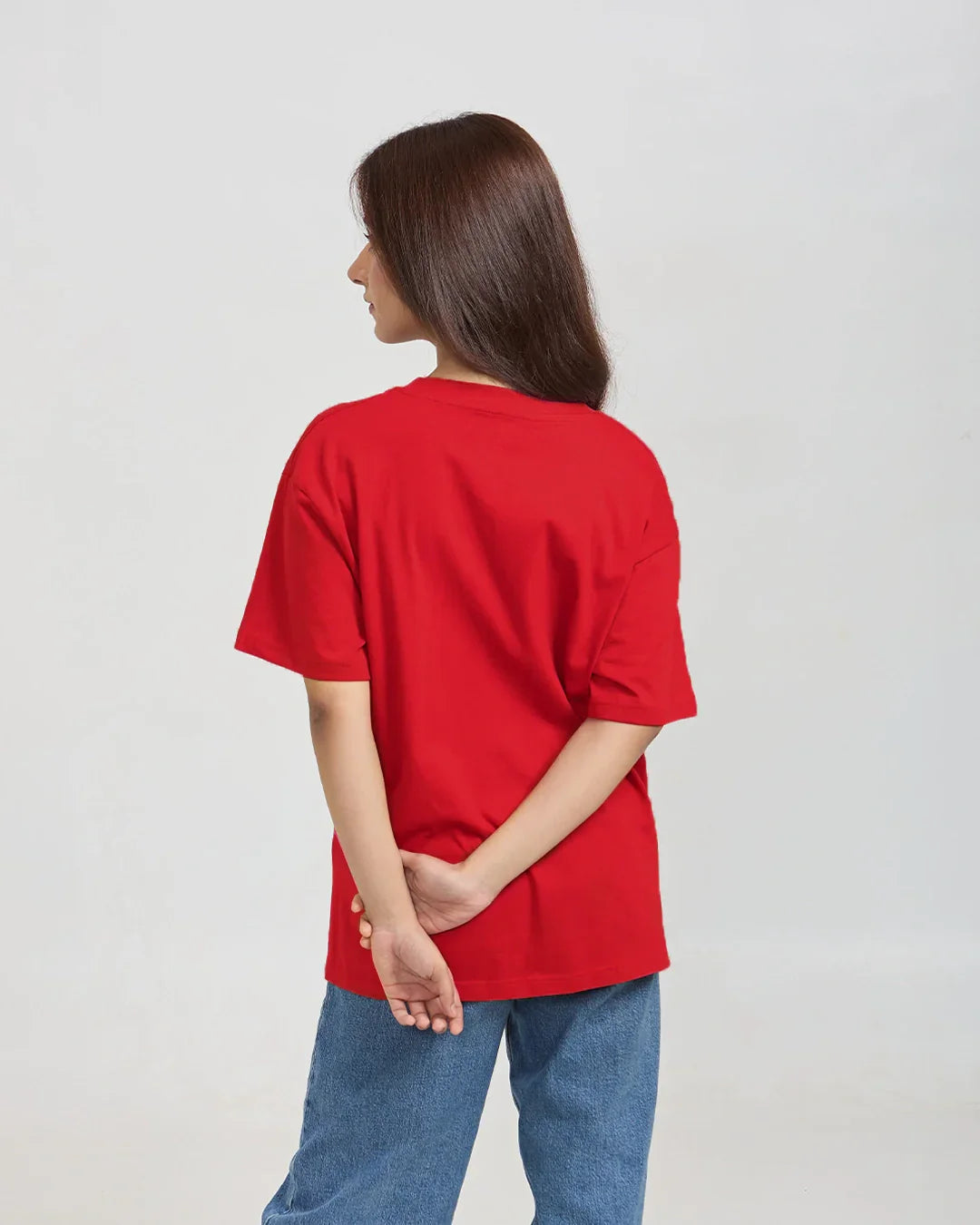 RB Red Plain OS Tee, oversized short-sleeve shirt shown from back, 100% pure fabric.